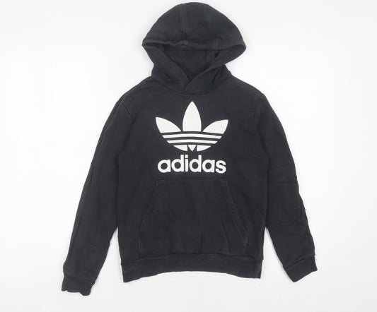 Adidas Boys Black Pullover Hoodie 9-10 Years Cotton Blend Logo Sweatshirt