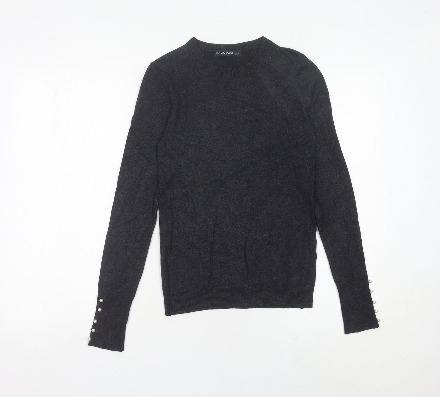 Zara Women Black Crew Neck Pullover Jumper Size 8 Long Sleeve Knit