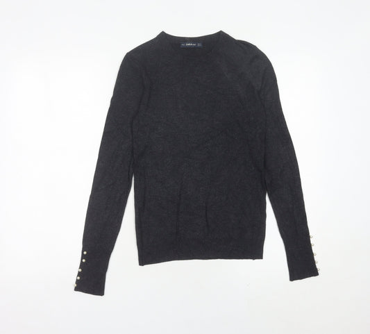 Zara Women Black Crew Neck Pullover Jumper Size 8 Long Sleeve Knit