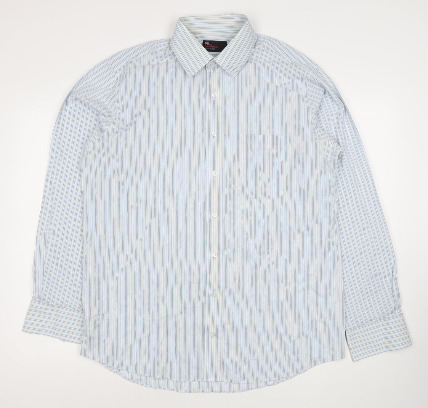 Marks and Spencer Men’s Blue Striped Cotton Blend Classic Fit Long Sleeve Dress Shirt 16.5” Collar