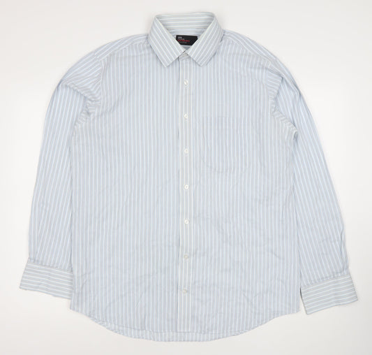 Marks and Spencer Men’s Blue Striped Cotton Blend Classic Fit Long Sleeve Dress Shirt 16.5” Collar