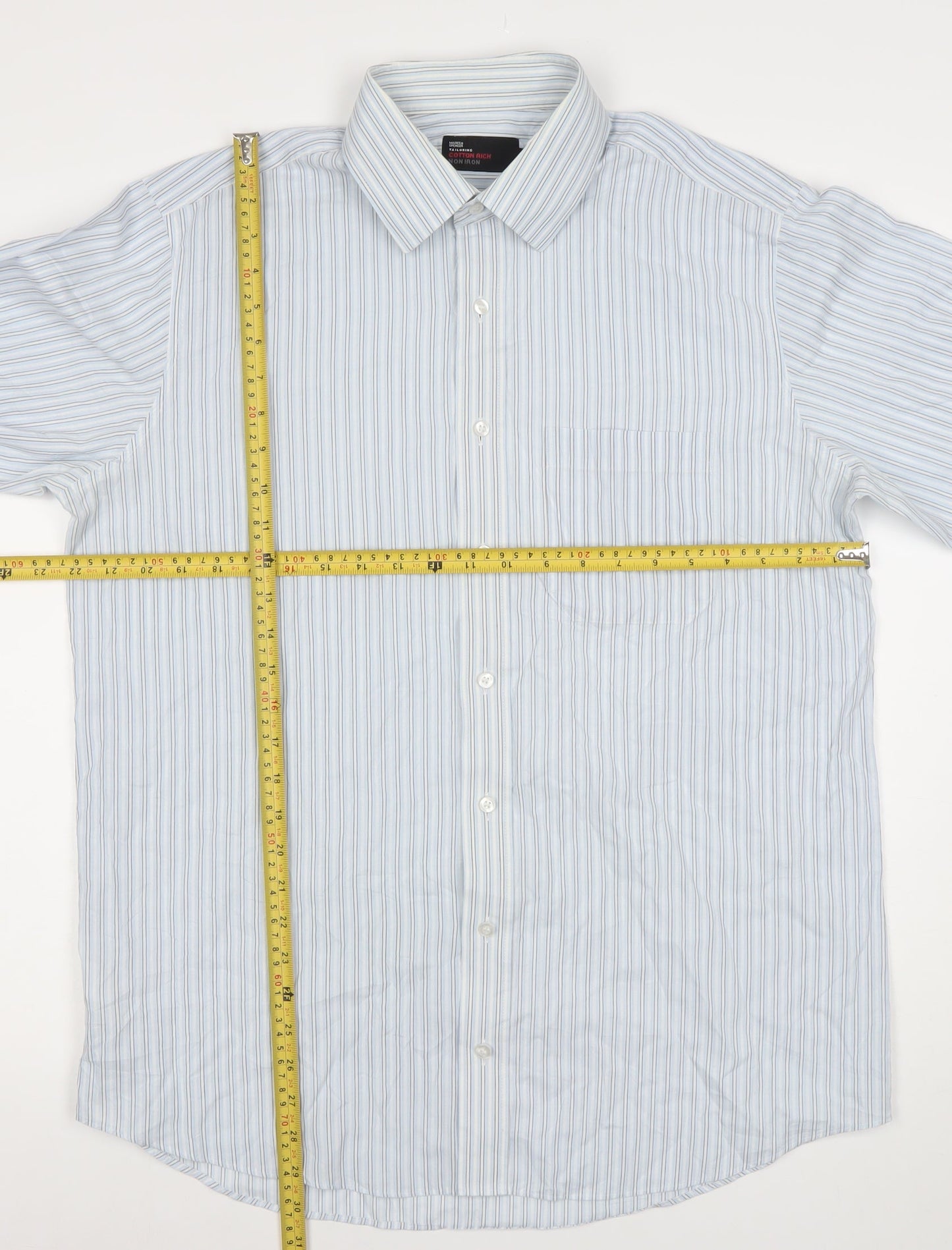 Marks and Spencer Men’s Blue Striped Cotton Blend Classic Fit Long Sleeve Dress Shirt 16.5” Collar