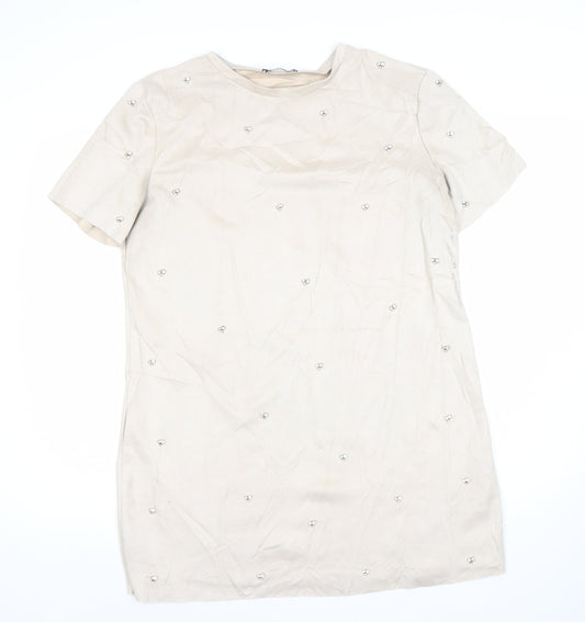 Zara Women’s Beige Shift Dress Size 12 Beaded Short Sleeve Party