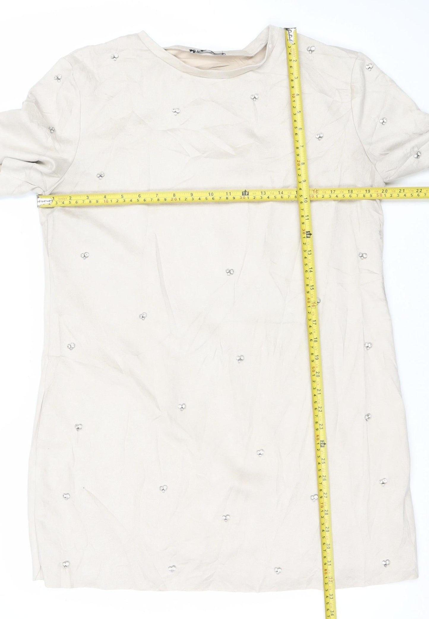 Zara Women’s Beige Shift Dress Size 12 Beaded Short Sleeve Party