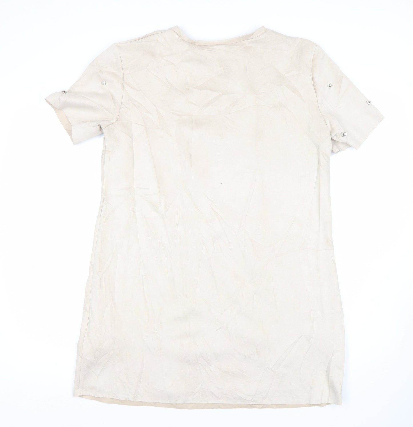 Zara Women’s Beige Shift Dress Size 12 Beaded Short Sleeve Party