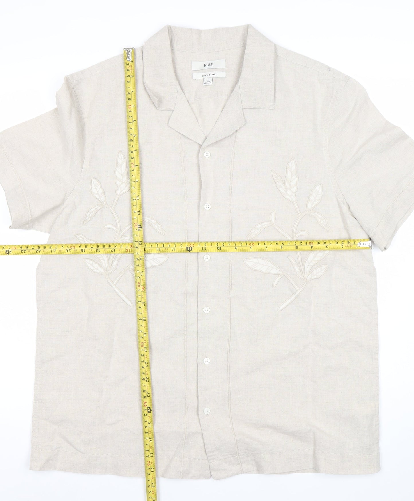 Marks and Spencer Men’s Beige Linen Cotton Embroidered Short Sleeve Shirt L 42-43 in