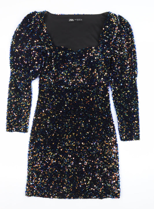 ZARA Womens Black Sequin Bodycon Mini Dress XS Party Cocktail Puff Sleeve