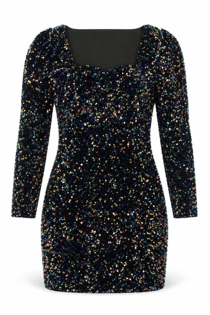 Zara Womens Black Sequin Bodycon Mini Dress XS Party Cocktail Puff Sleeve