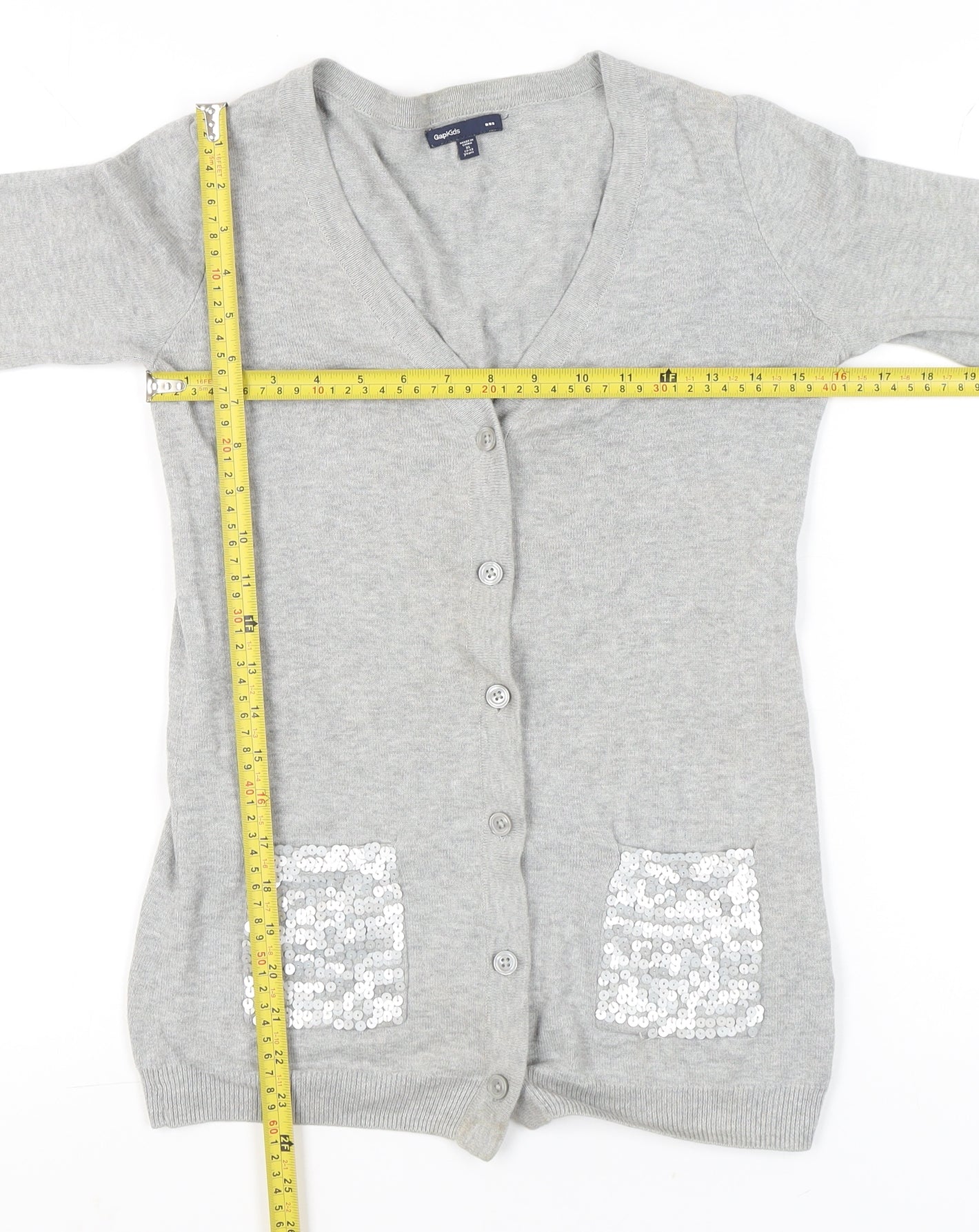 Gap Kids Teens Grey Cotton Sequin Pocket V-Neck Cardigan Size 14