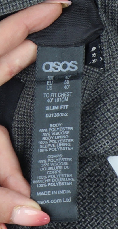 Brand and care label for ASOS Men’s Grey Slim Fit Checked Blazer Jacket 40 Chest