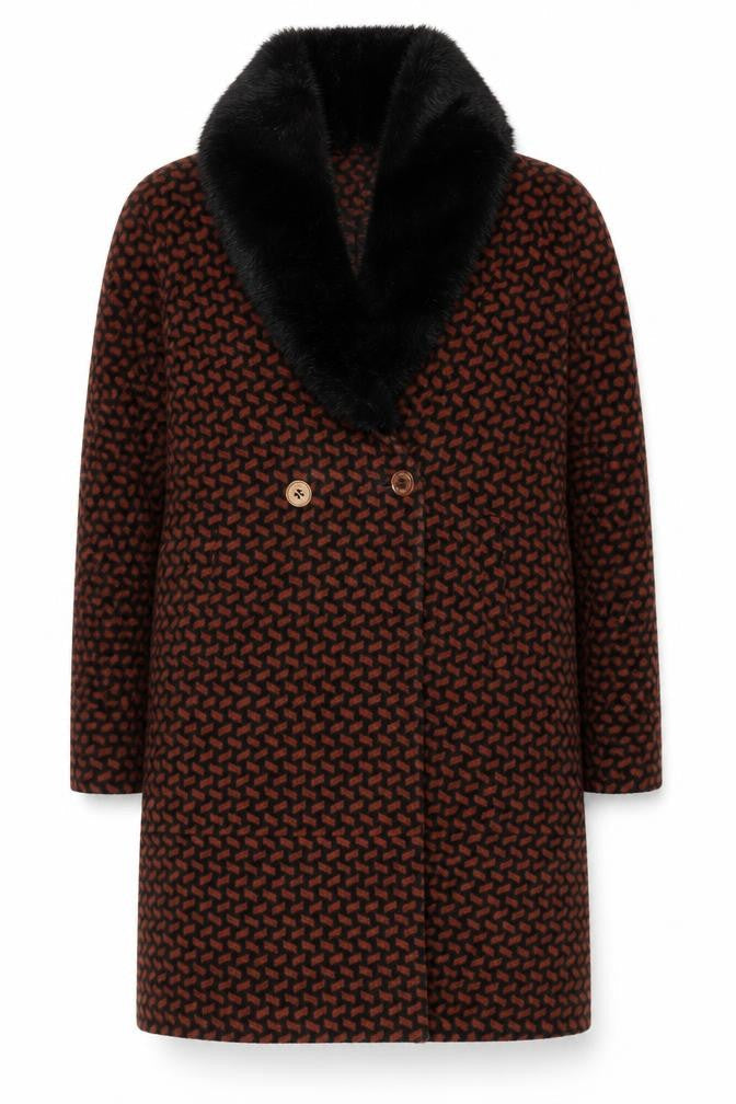 Biba Women's Brown Black Geometric Long Overcoat Size 14 Faux Fur Collar