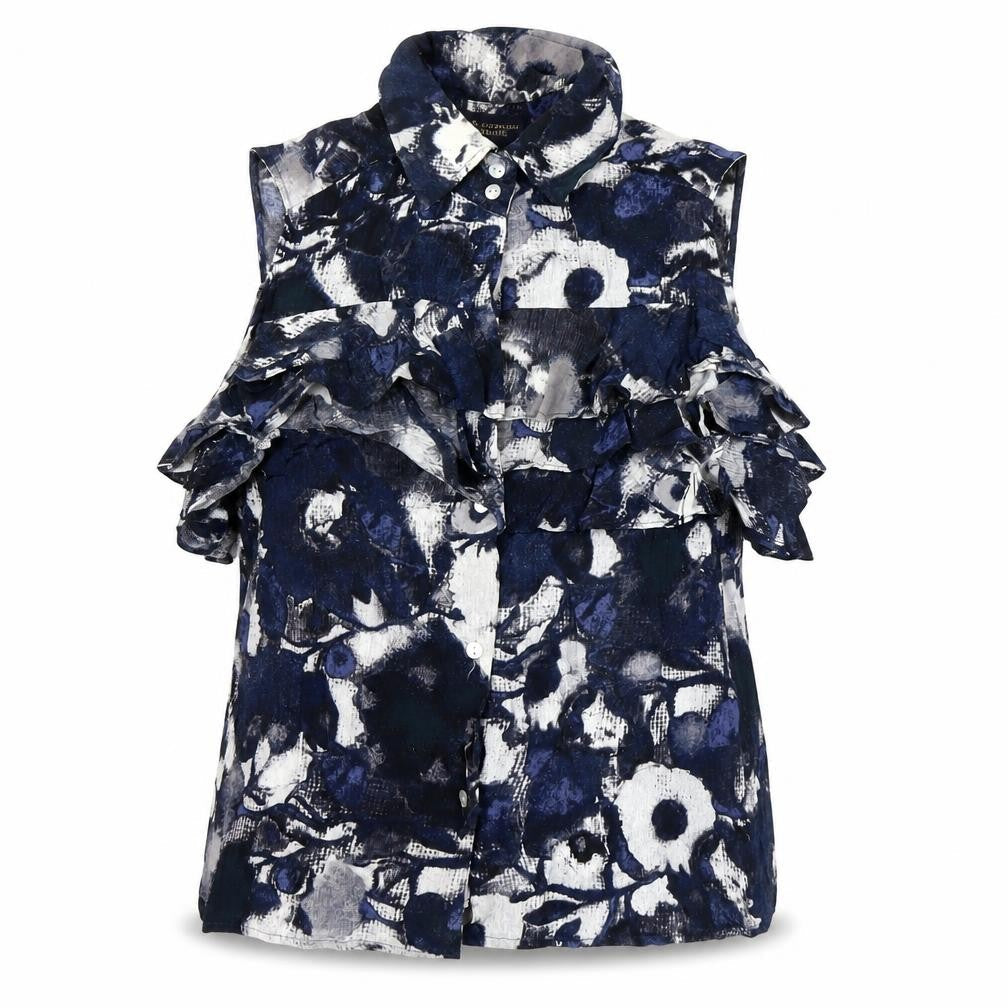 Paul Costelloe Women’s Blue Floral Ruffle Sleeveless Blouse Size 4