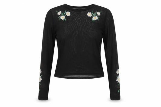 URBN Outfitters Womens Black Floral Embroidered Mesh Blouse M