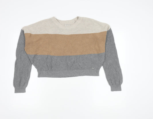Hollister Womens M Beige Brown Grey Striped Knit Pullover Jumper