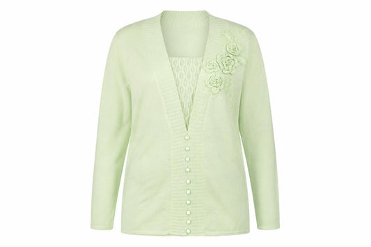 Damart Women's Green Cardigan Size 18 Long Sleeve Floral Embroidered Knit