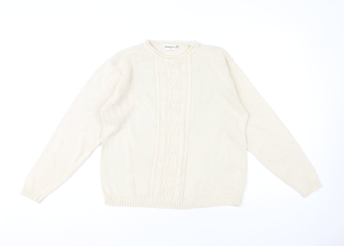 Jumper Womens Beige L Cable Knit Cotton Crew Neck Pullover