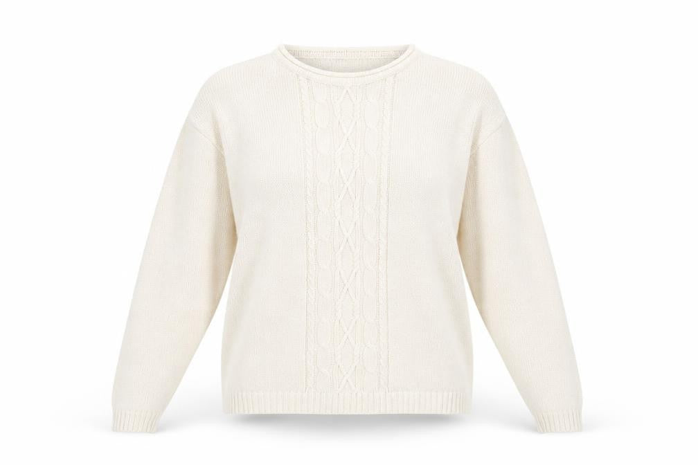 Jumper Womens Beige L Cable Knit Cotton Crew Neck Pullover