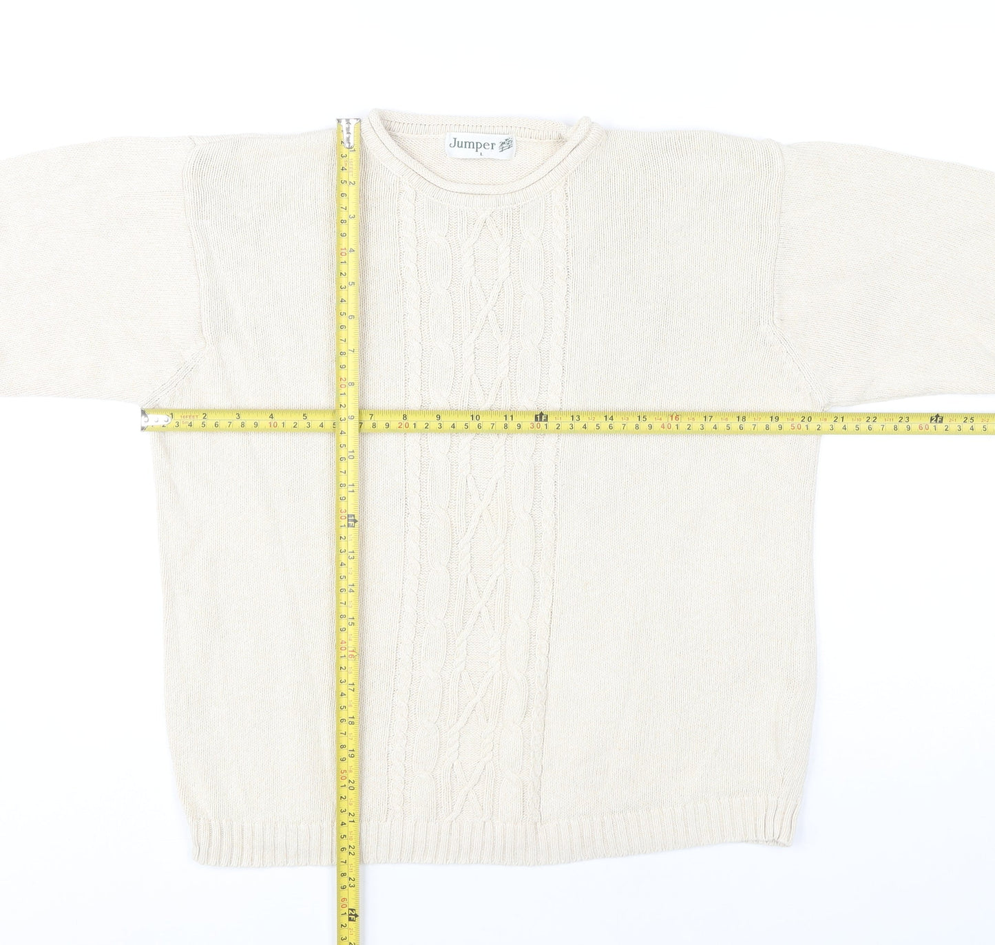 Jumper Womens Beige L Cable Knit Cotton Crew Neck Pullover
