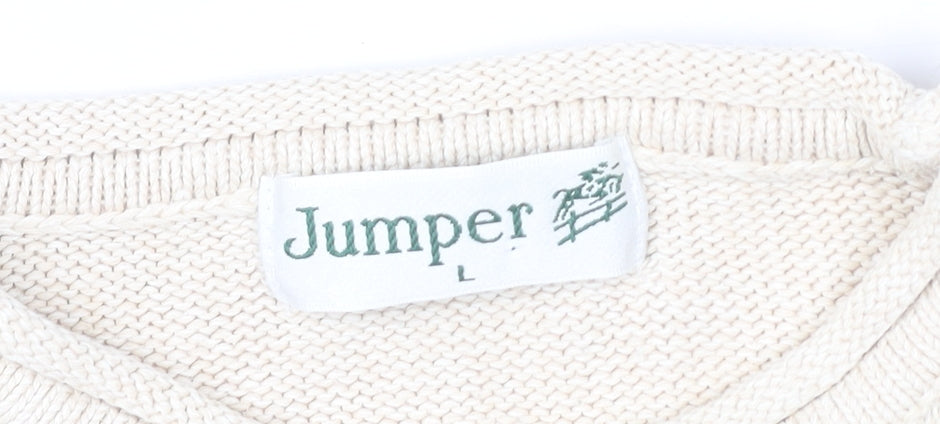 Jumper Womens Beige L Cable Knit Cotton Crew Neck Pullover
