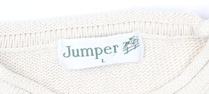 Jumper Womens Beige L Cable Knit Cotton Crew Neck Pullover