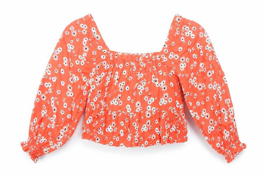 ASOS Women Orange Floral Cropped Blouse Size 8 Long Sleeve