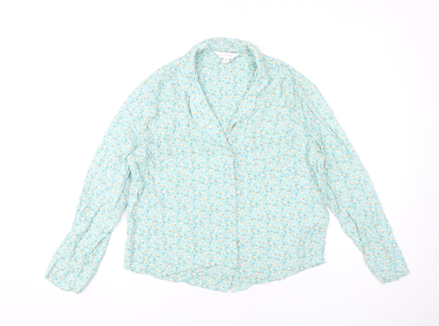 Marks and Spencer Womens Blue Floral Collared Pyjama Shirt Top Size 14