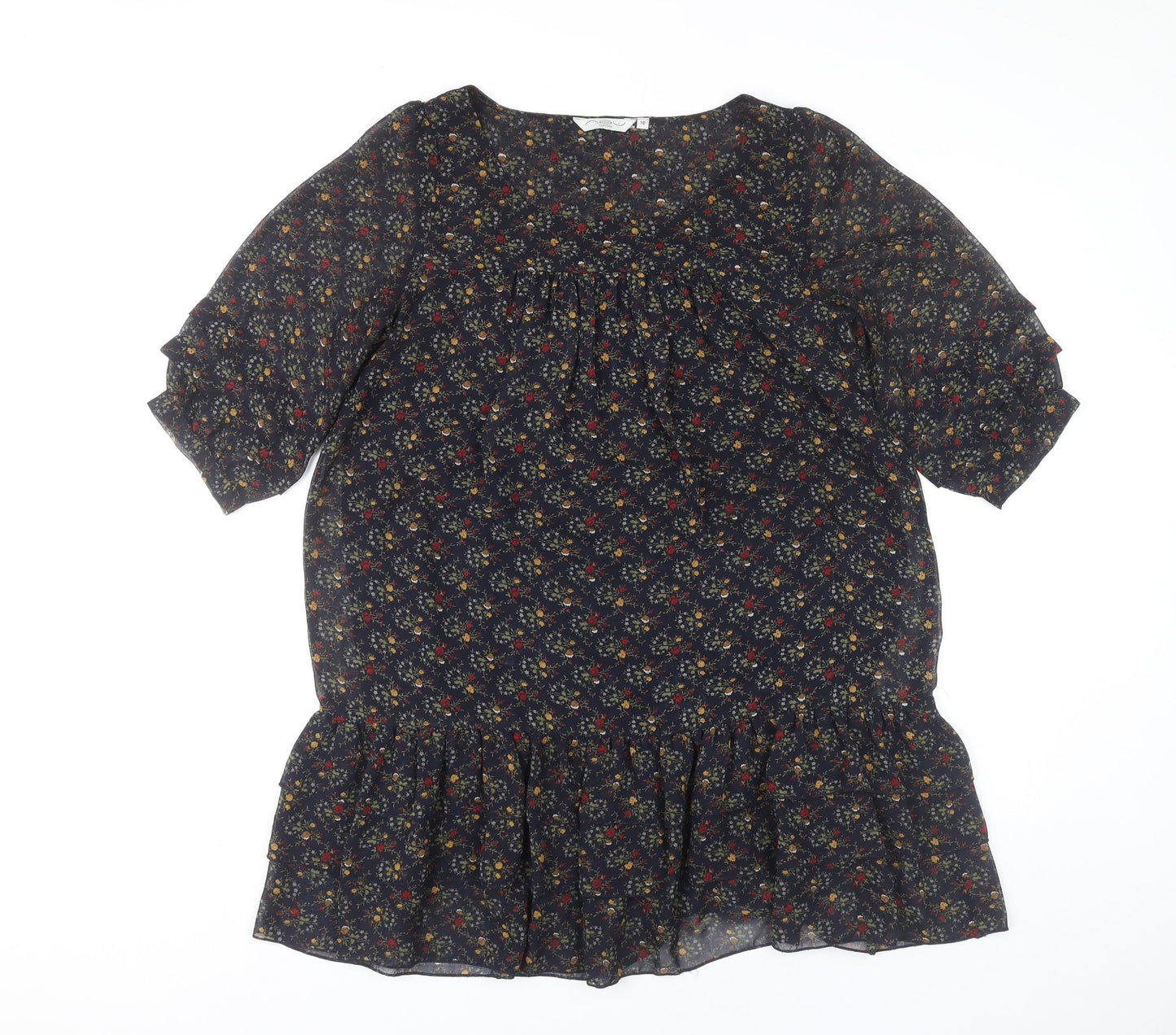 New Look Womens Multicoloured Floral Shift Dress Size 10 Ruffle Hem