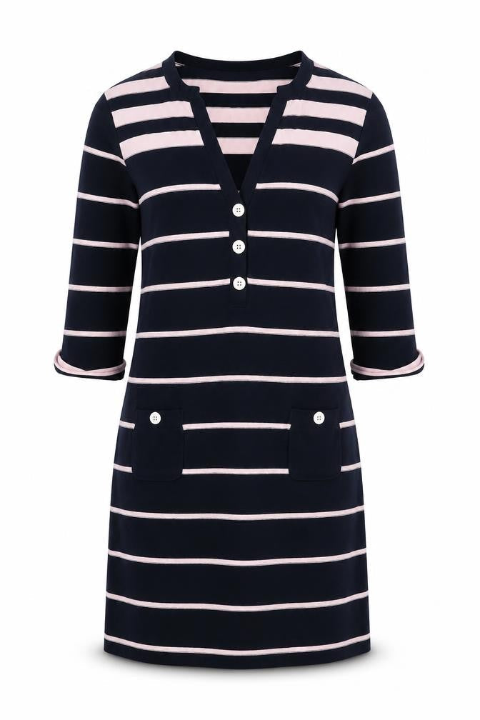 Phase Eight Women’s Blue Striped Shift Dress Size 12 V-Neck Cotton Blend