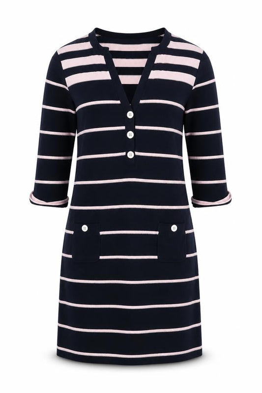 Phase Eight Women’s Blue Striped Shift Dress Size 12 V-Neck Cotton Blend