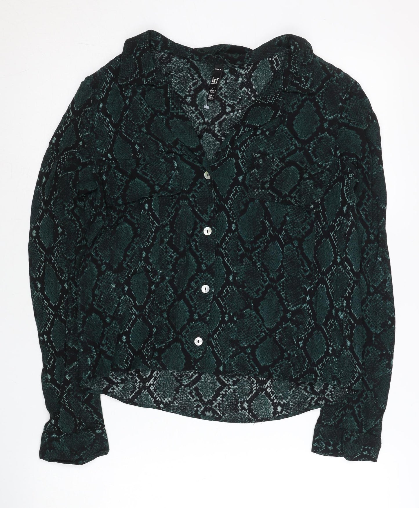 Zara Women Green Animal Print Button-Up Shirt Size 8 Short Sleeve