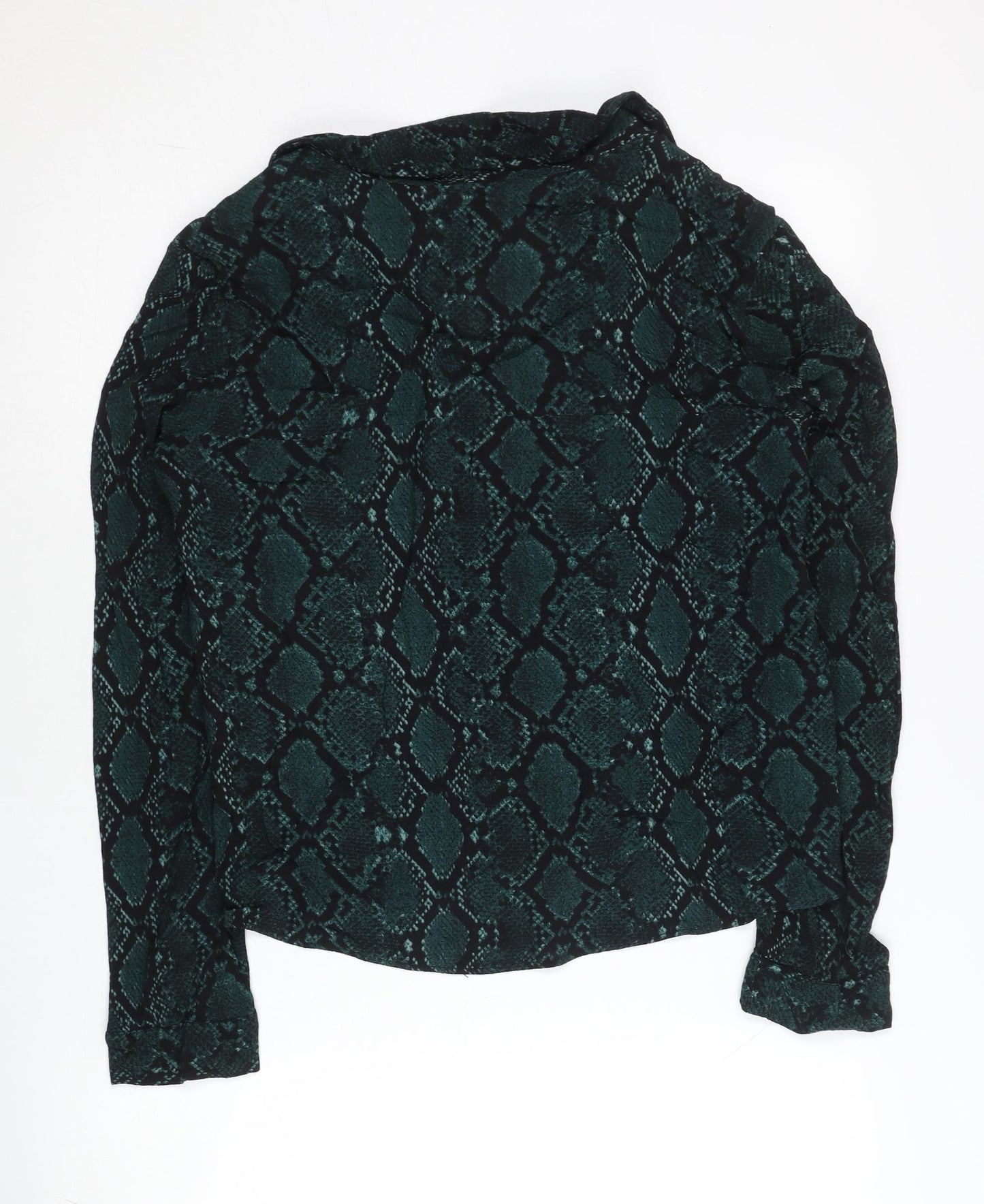 Zara Women Green Animal Print Button-Up Shirt Size 8 Short Sleeve