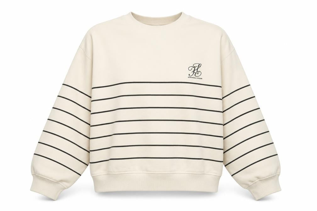 H&M Women’s Beige Striped Sweatshirt Size 14 Relaxed Fit Crew Neck