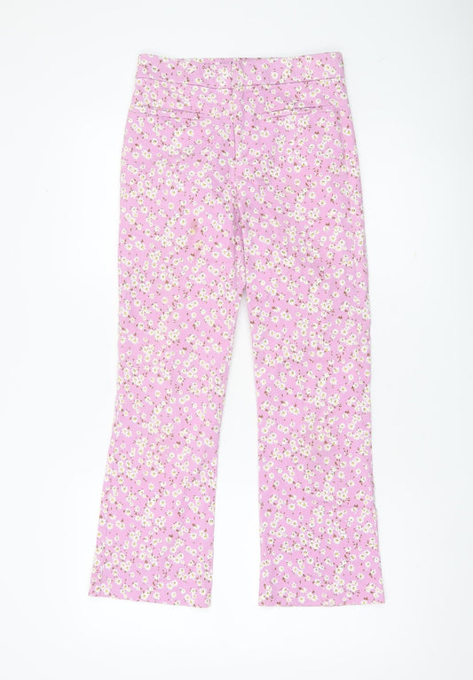 Zara Womens Pink Floral Cotton Slim Trousers Size 8
