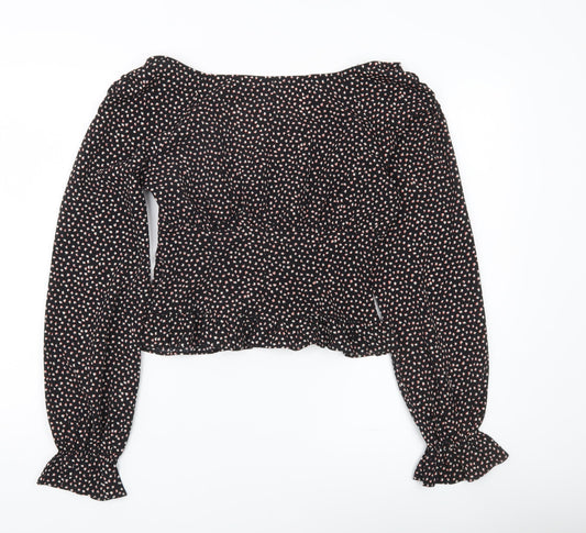 Boohoo Women’s Black Floral Cropped Blouse UK 6 Long Sleeve V-Neck