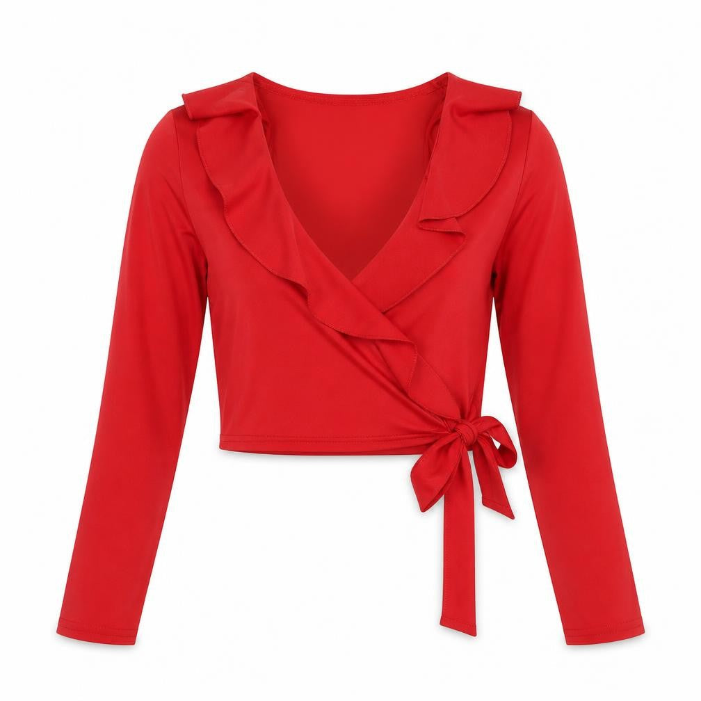 Boohoo Womens Red Long Sleeve Wrap Ruffle Blouse UK 8