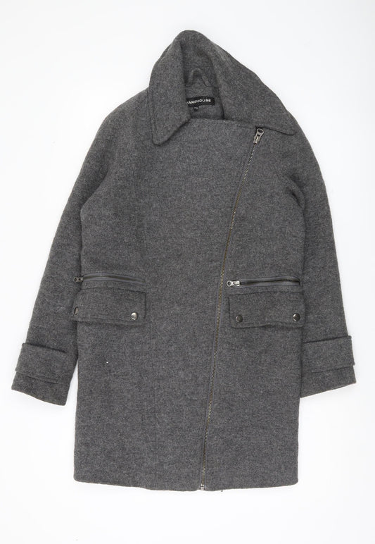 Warehouse Women Grey Wool Blend Overcoat UK 6 Zip Pockets Lined