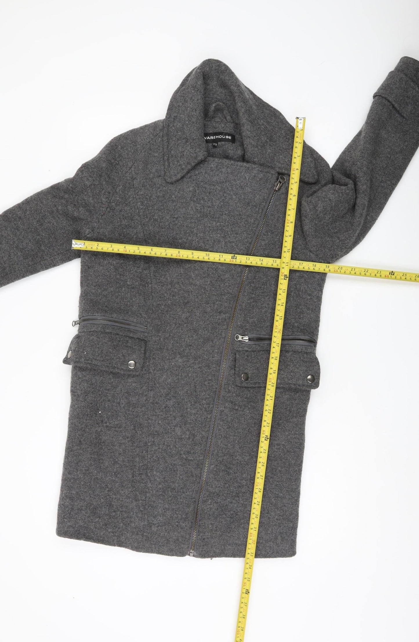 Warehouse Women Grey Wool Blend Overcoat UK 6 Zip Pockets Lined