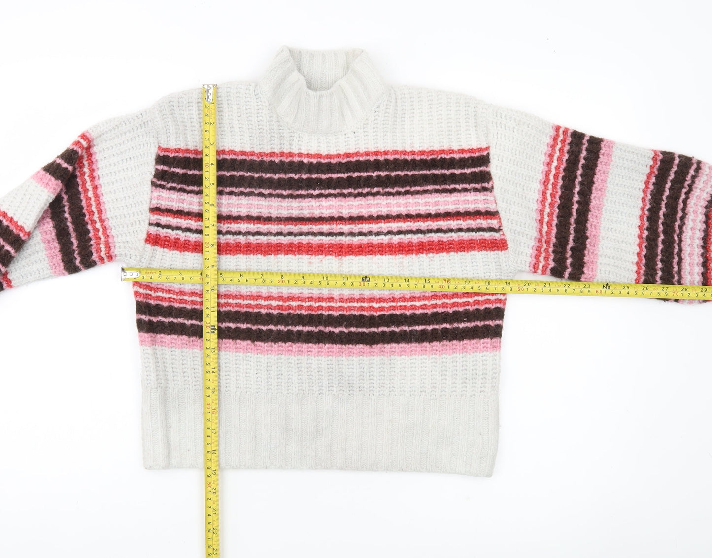 Monki Women’s Multicoloured Striped Mock Neck Chunky Knit Jumper Size S
