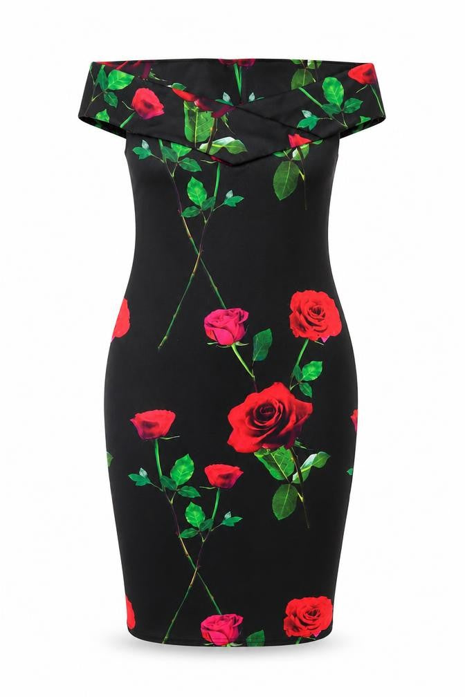 Quiz Women’s Black Floral Bodycon Dress Size 12 Off Shoulder