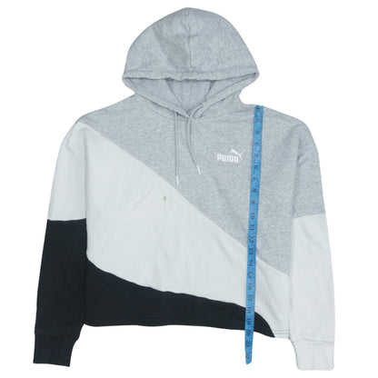 Back view of Puma women’s grey white black colourblock hoodie, size M, pullover