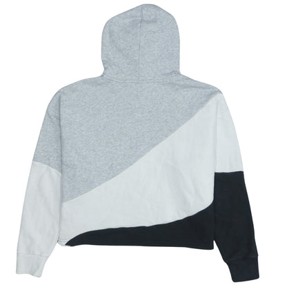 Brand and care label for Puma women’s grey white black colourblock hoodie, size M, pullover