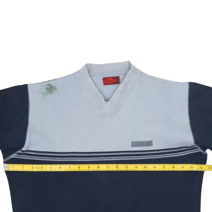 Close-up detail of Lee Cooper men’s blue v-neck pullover sweatshirt, size M, regular fit