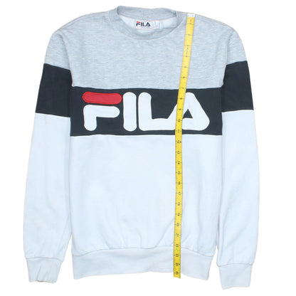 Back view of Fila men’s xs grey white black pullover sweatshirt logo crew neck