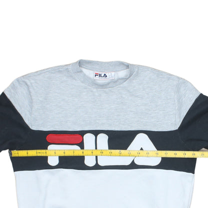 Close-up detail of Fila men’s xs grey white black pullover sweatshirt logo crew neck