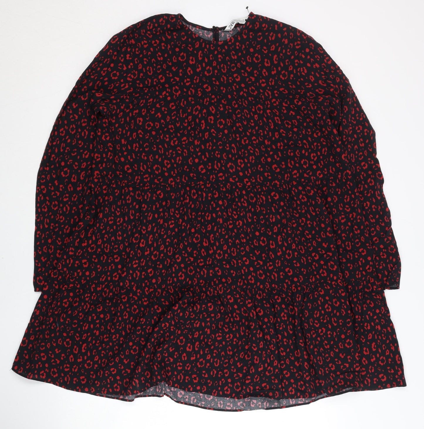 Zara Women Black Red Animal Print Shift Dress XS Long Sleeve