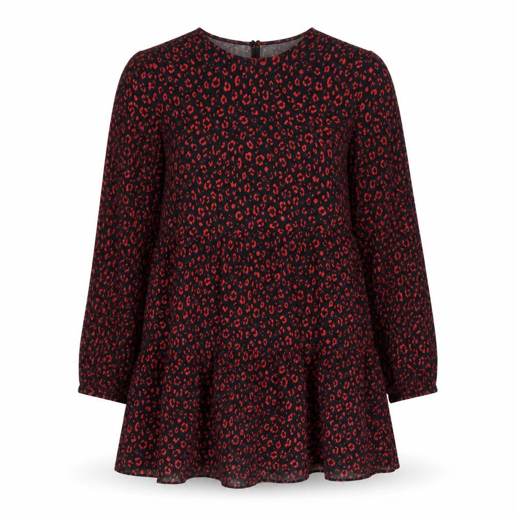 Zara Women Black Red Animal Print Shift Dress XS Long Sleeve