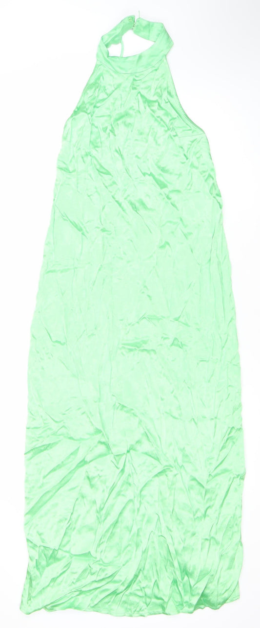 Zara Women Green Halter Neck Long Slip Dress Size 2 Viscose