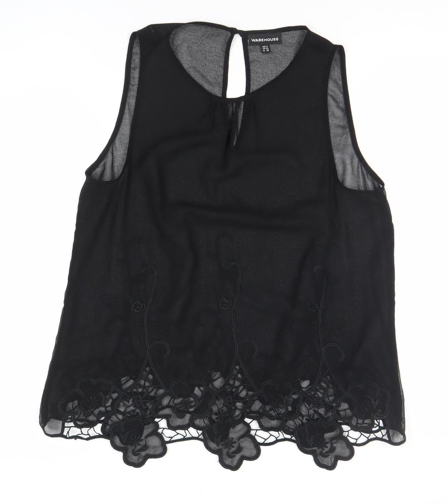Warehouse Women Black Size 12 Sleeveless Blouse with Floral Lace Hem