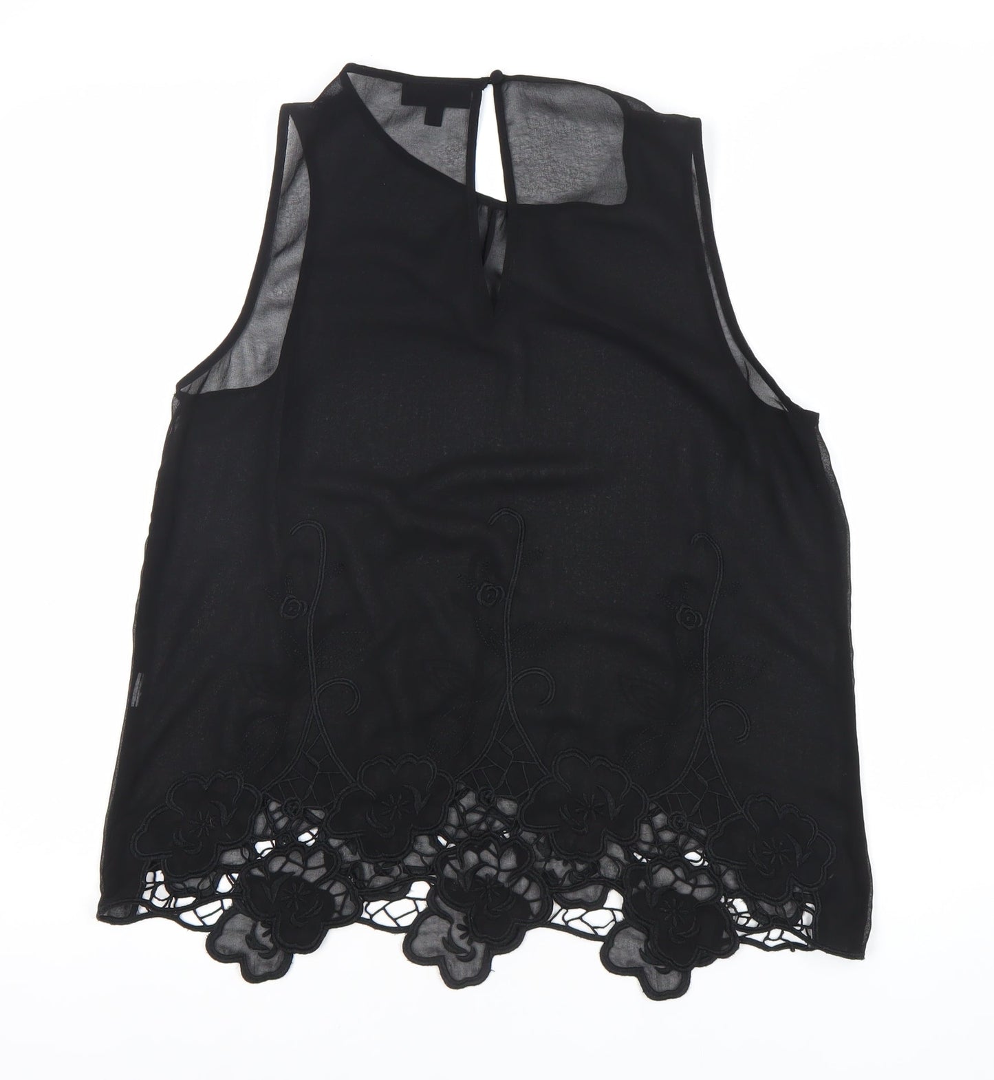 Warehouse Women Black Size 12 Sleeveless Blouse with Floral Lace Hem
