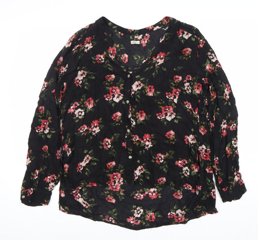 Hollister Womens Black Floral Viscose Tunic Blouse L Long Sleeve